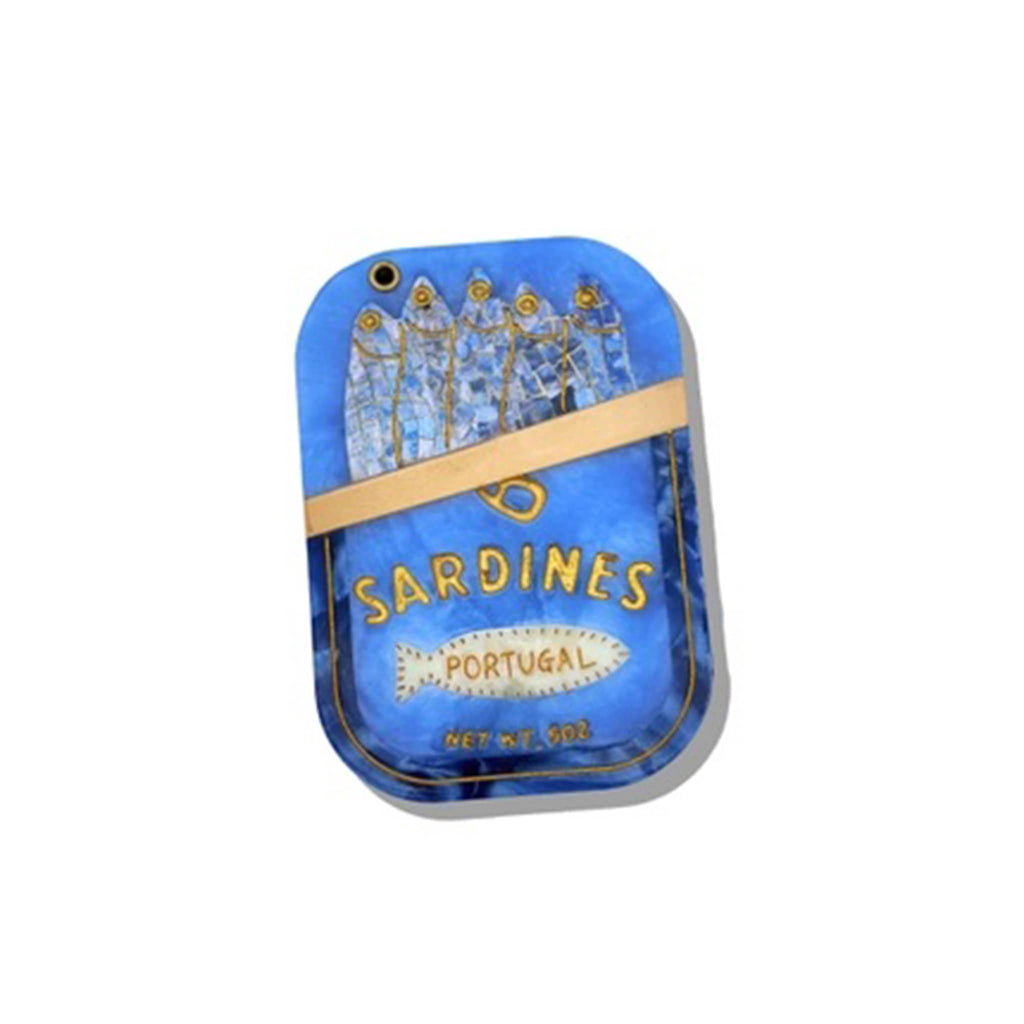 Solar Eclipse compact pocket mirror with blue sardine tin design, on a white background.