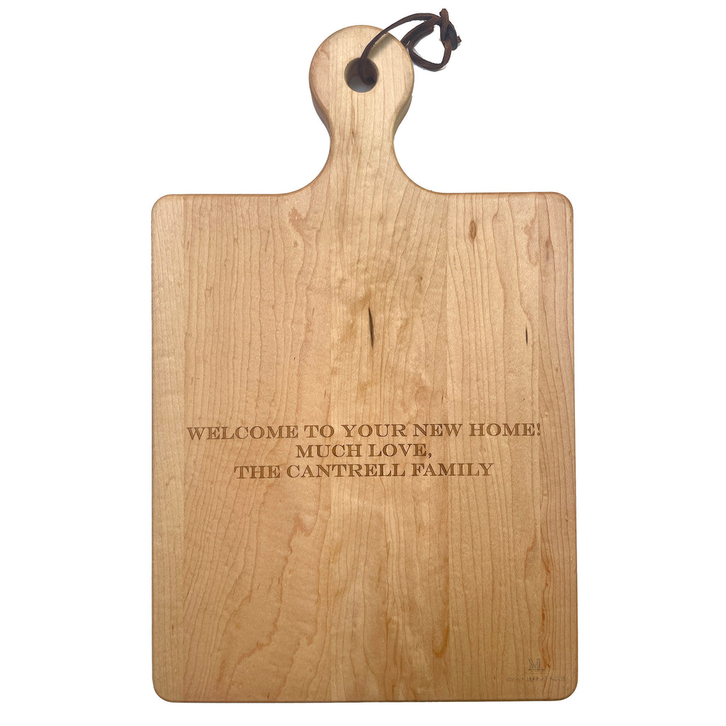 Sophistiplate maple leaf at home 16x10 maple wood artisan serving board back view with gift message engraved.