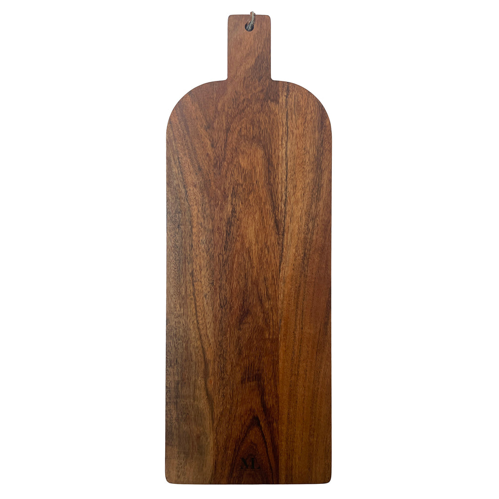 Maple Leaf at Home 20x7 acacia wood beveled edge long serving board with handle, back view.