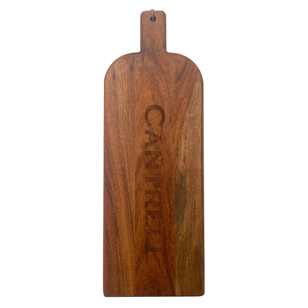 Maple Leaf at Home 20x7 acacia wood beveled edge long serving board with handle and last name engraved on the front.