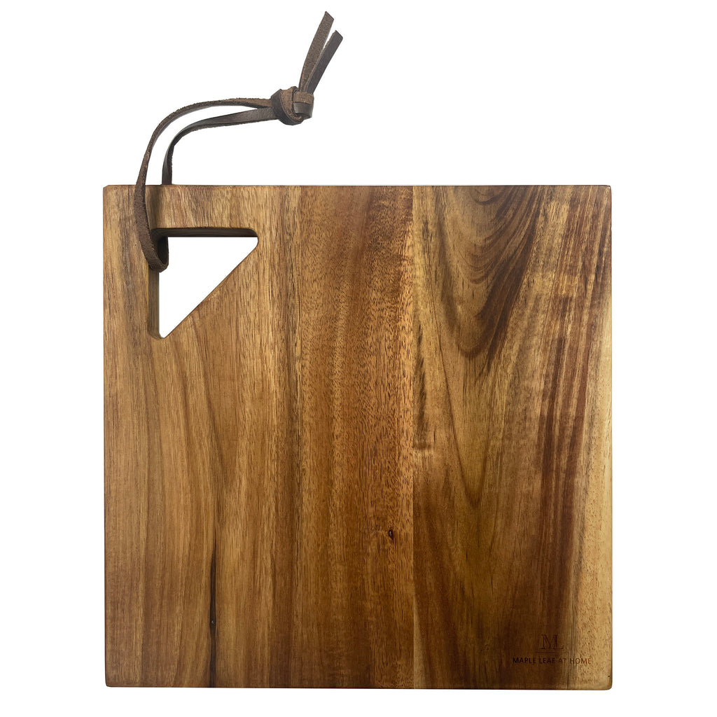 Maple Leaf at Home 9x9 acacia wood modern square serving board with handle cutout, back view.