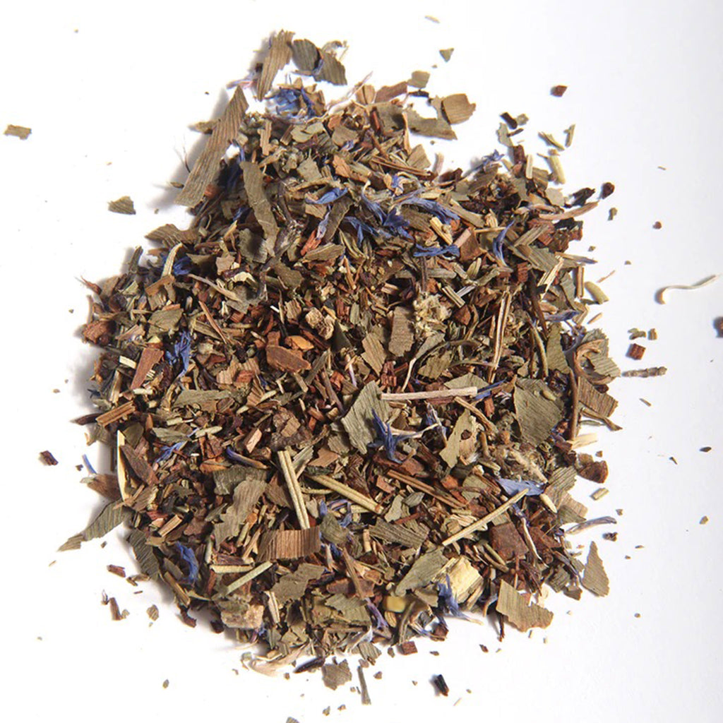 Sounds Moodflower Mental Clarity Caffeine-Free Brain Support Certified Organic Herbal Tea Blend, spill of loose leaf tea on a white background.