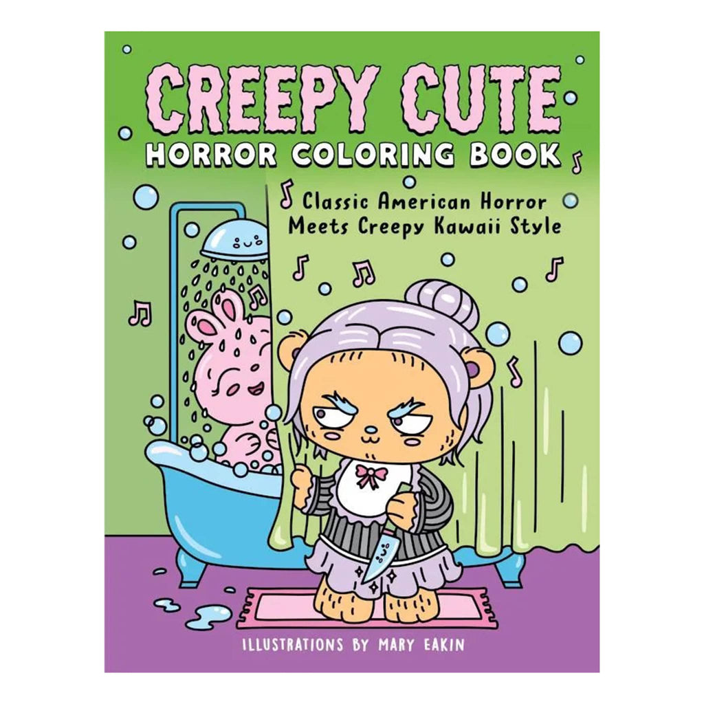 Cover of 'Creepy Cute Horror Coloring Book' with a cartoon character rendering of the shower scene from Psycho, on a white background.