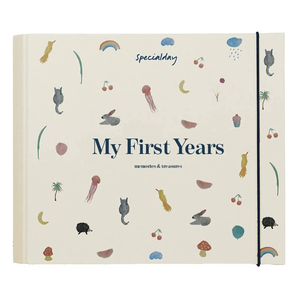 'My First Years' baby journal cover with illustrations, on a white background.