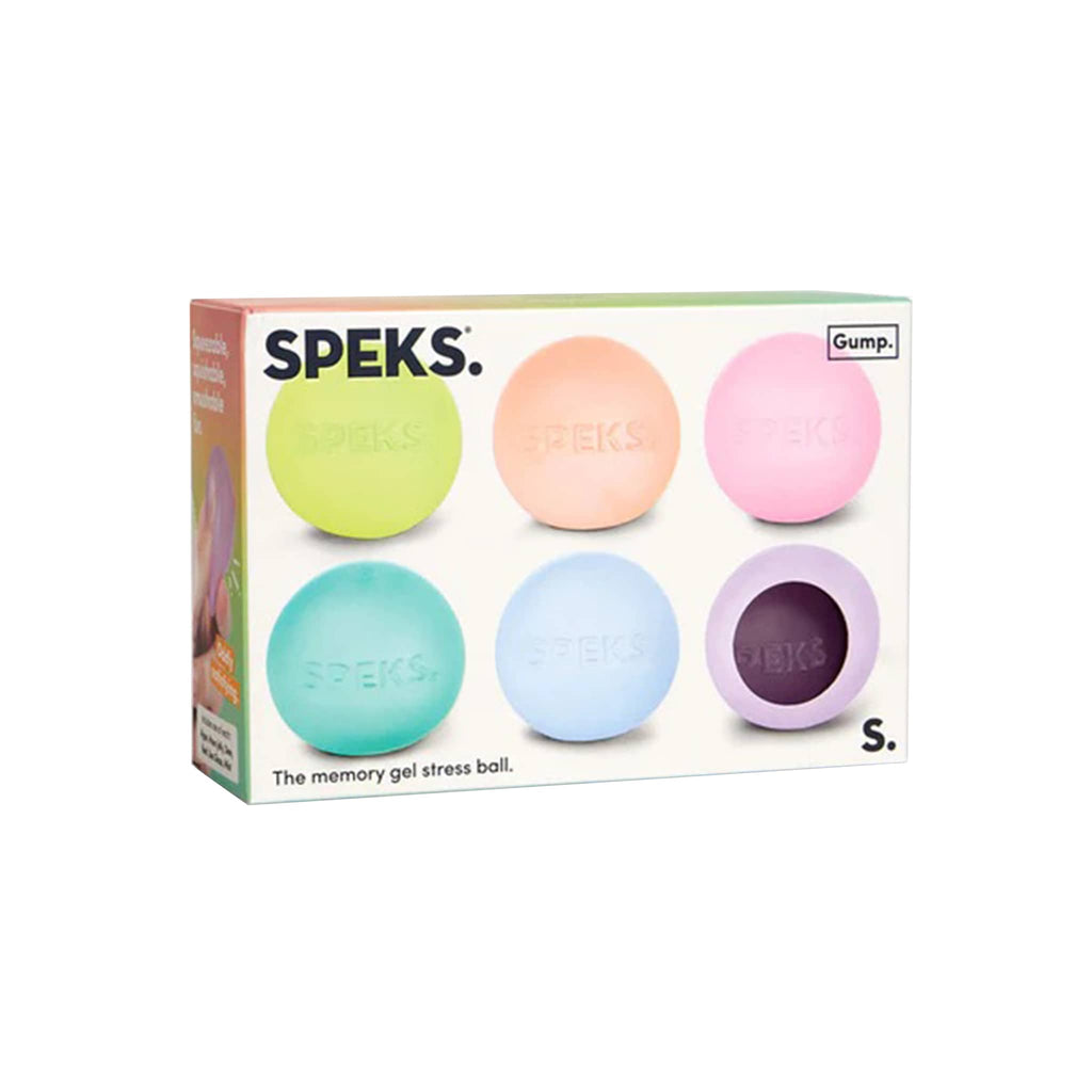 Speks Gump Mini Memory Gel Stress Balls, set of 6 in box packaging, front angle view.