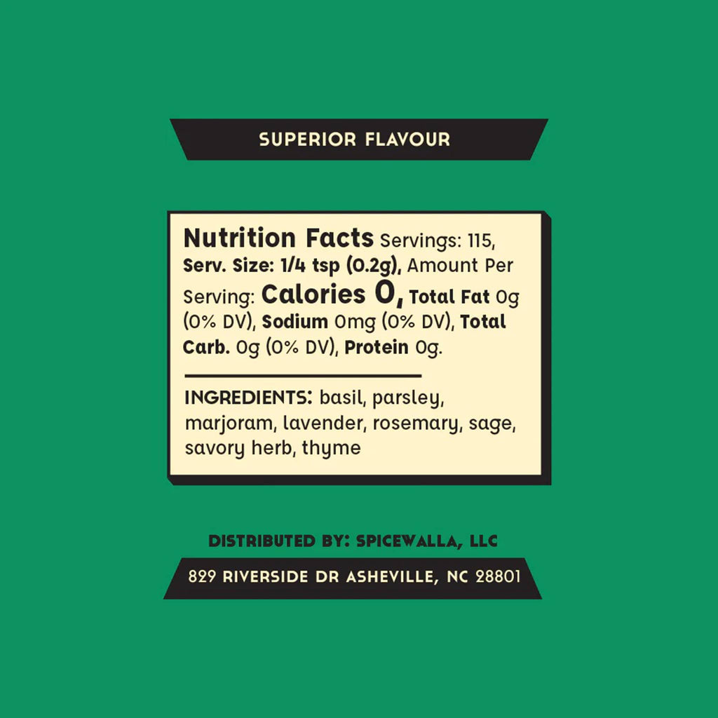 Nutrition facts and ingredients label for Herbs de Provence on a green background.