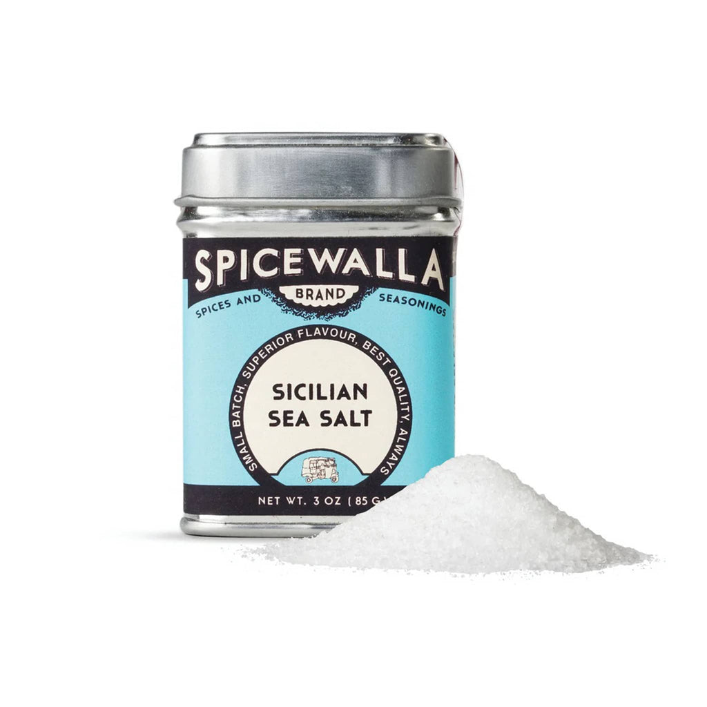 Spicewalla Sicilian Sea Salt canister with a small pile of salt on a white background.