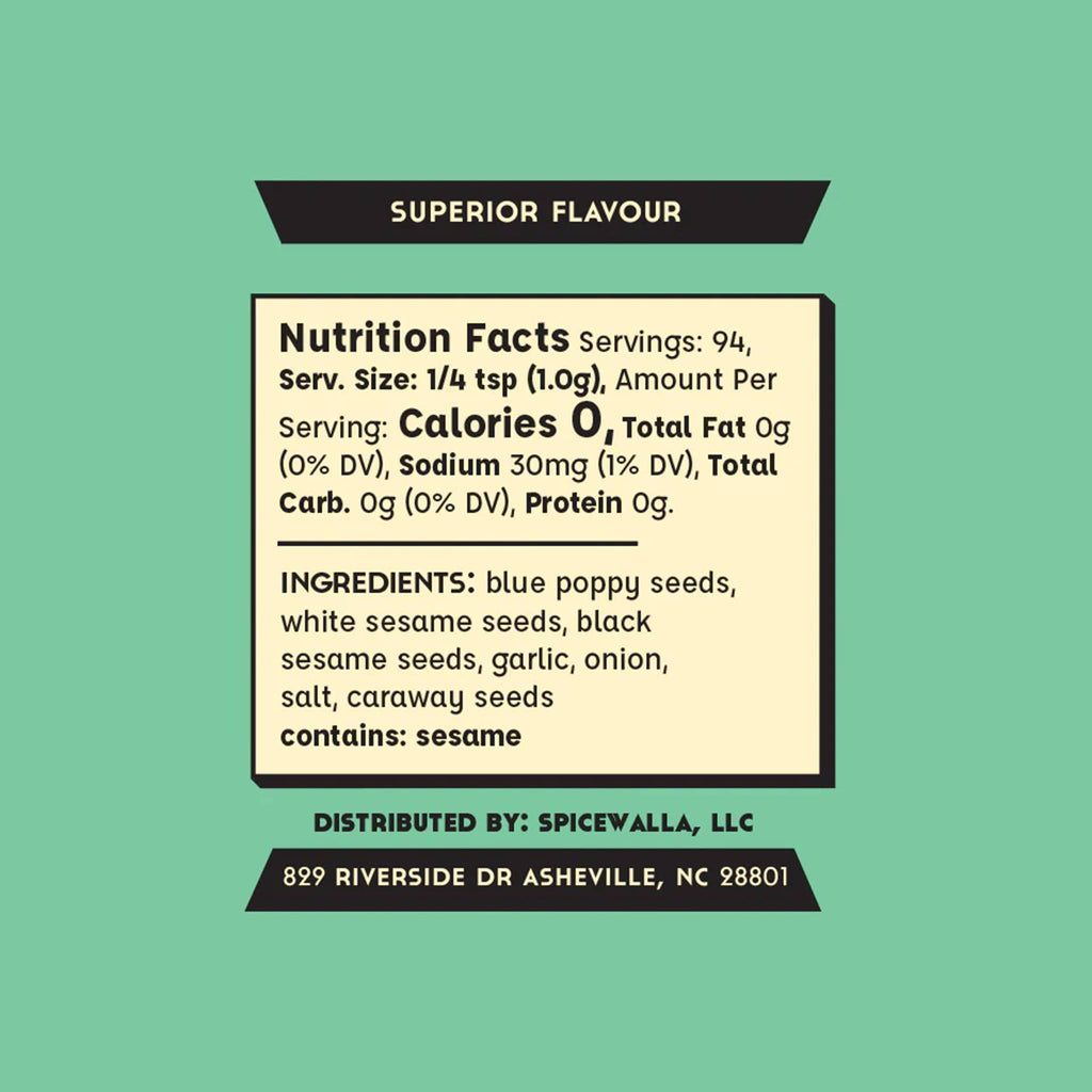 Nutrition facts and ingredients for Everything Bagel Seasoning on a green background.