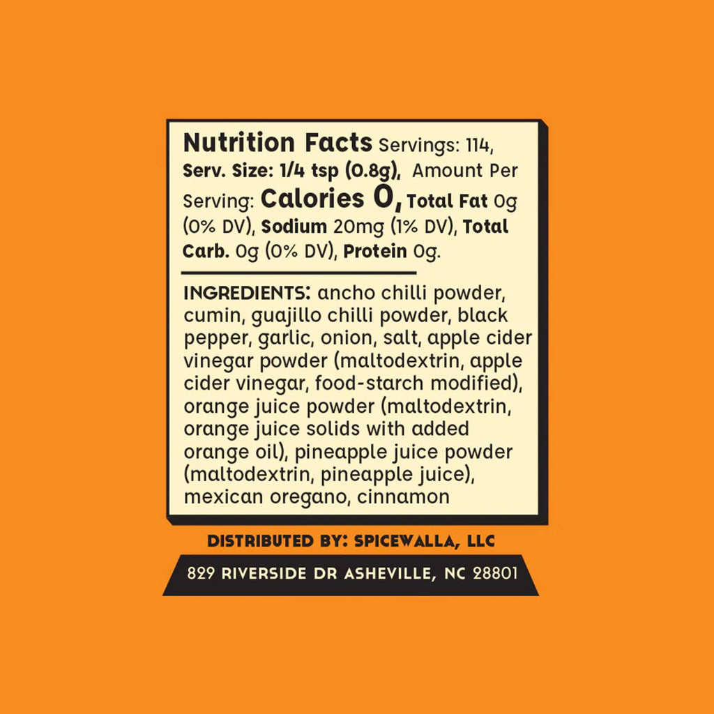 Al Pastor Rub nutrition facts label and ingredients list on an orange background.
