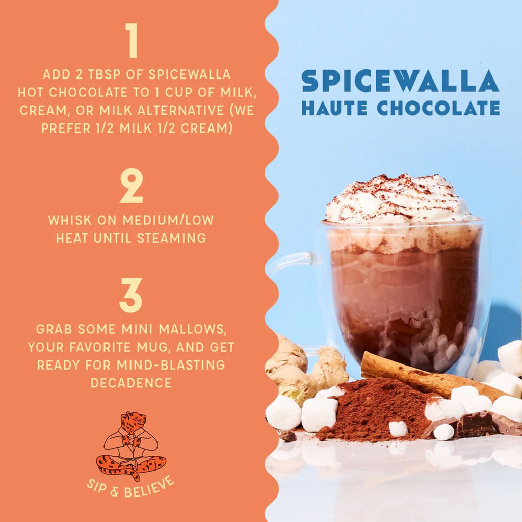 Spicewalla hot chocolate recipe card with a glass of hot chocolate and marshmallows on an orange and blue background.