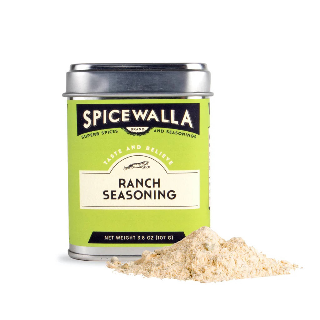Spicewalla Ranch Seasoning in tin with a small pile of spice on a white background.