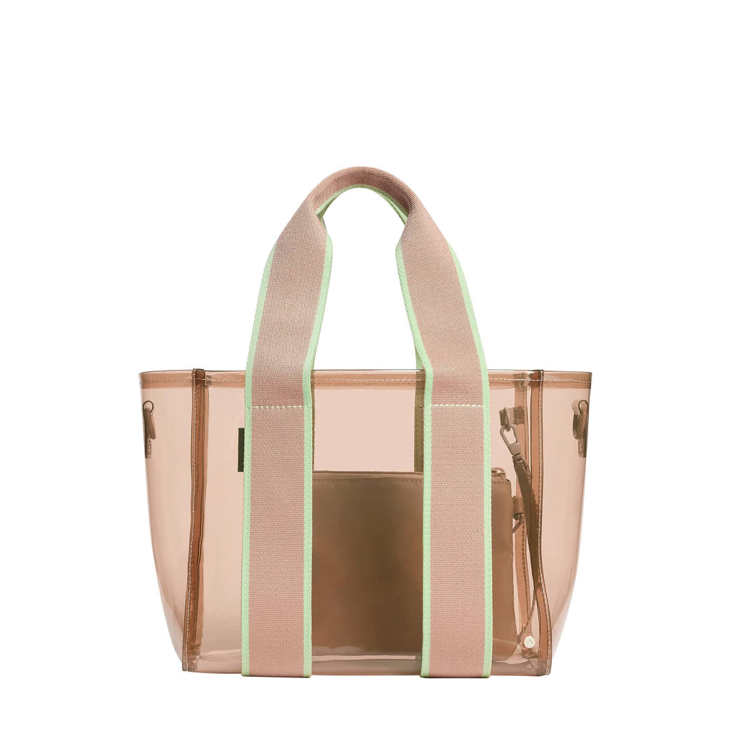 State Bags Mini Wellington Cabana Tote in Latte vinyl bag with matching webbed handles with sage green trim, front view. 
