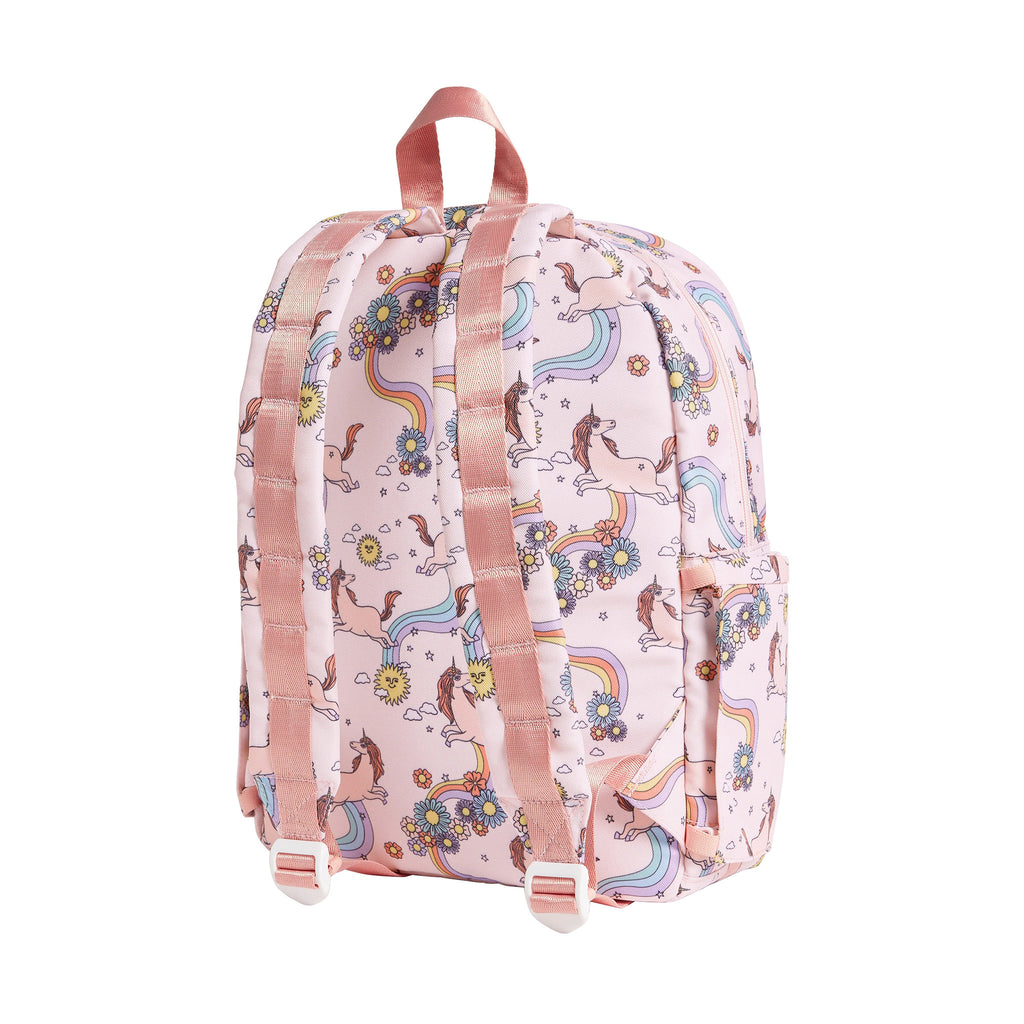 State Bags Kane Kids Recycled Poly Canvas Backpack in Unicorn with colorful pastel rainbows, flowers and unicorns on a pink background, back view showing padded, adjustable shoulder straps.