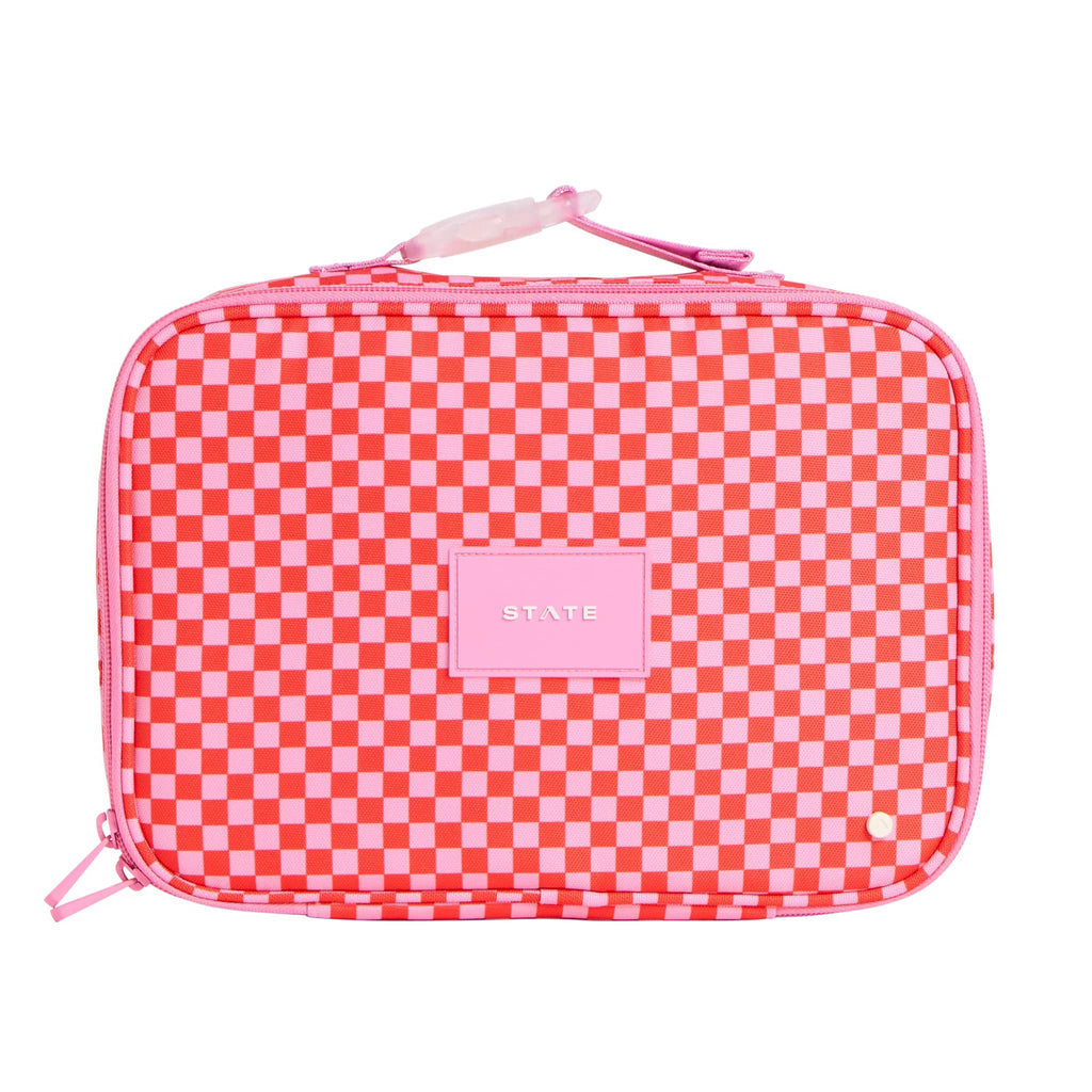 State Bags Rodgers Strawberry Check insulated lunch box, front view.