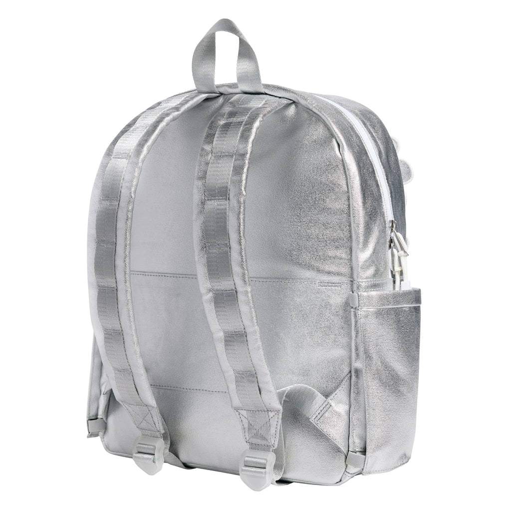 State Bags Kane Kids Travel Backpack in metallic silver 3D floral daisies, back angle view.