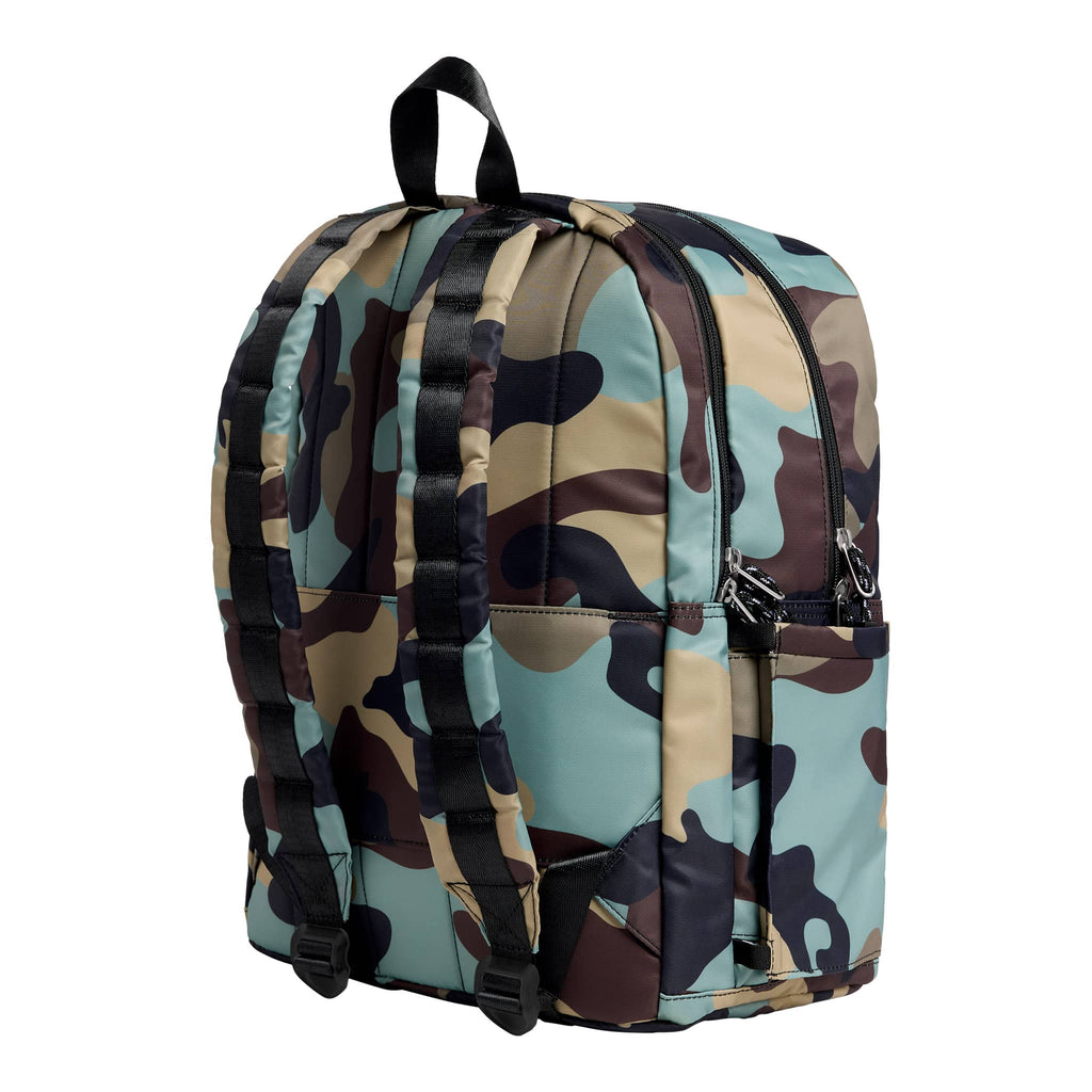 State Bags Kane Kids Double Pocket Backpack in Camo, back angle view.
