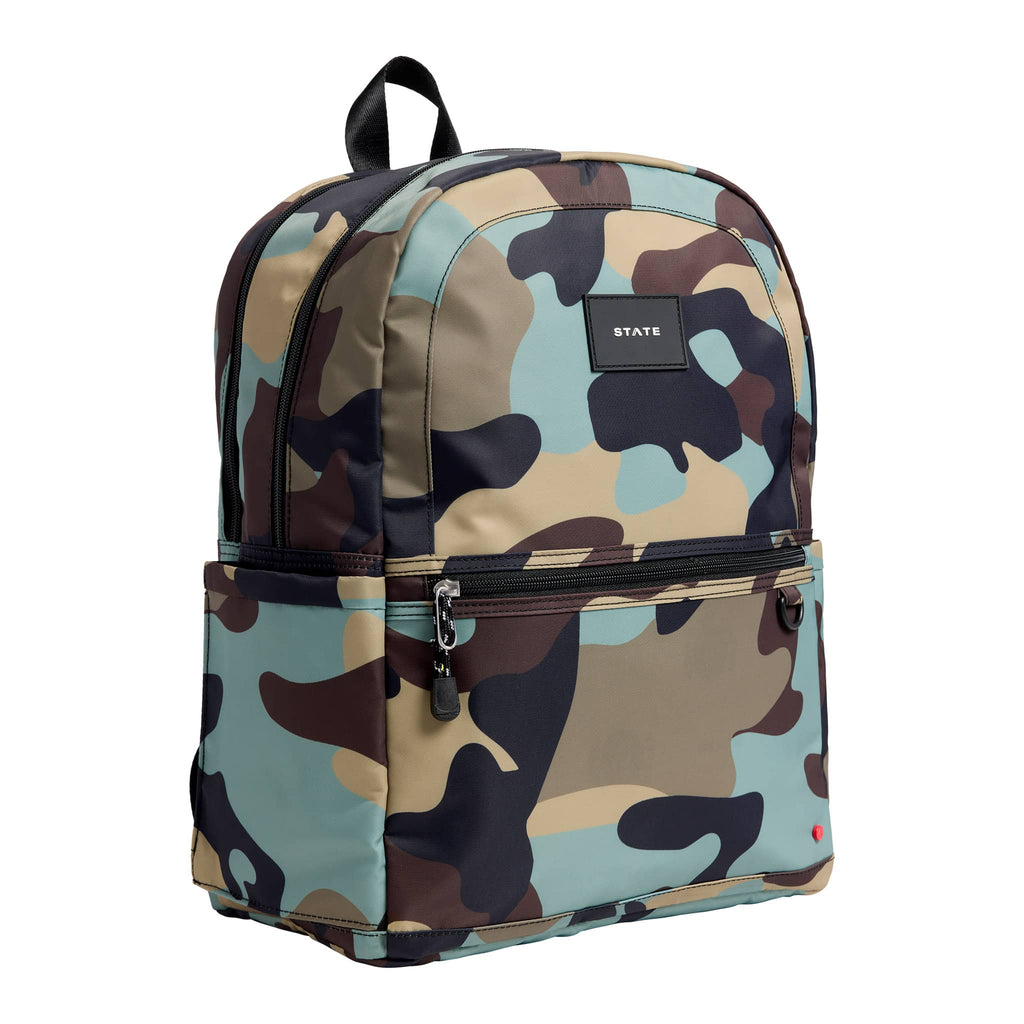 State Bags Kane Kids Double Pocket Backpack in Camo, front angle view.