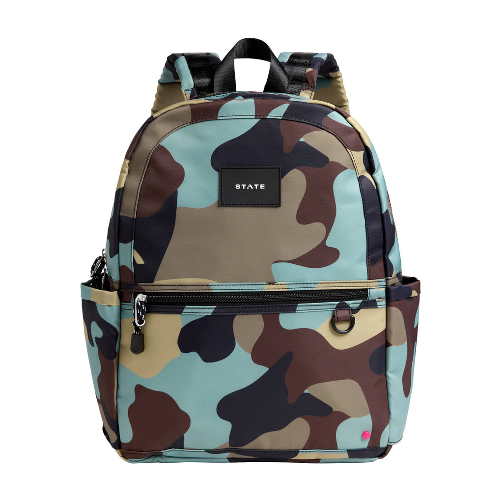 State Bags Kane Kids Double Pocket Backpack in Camo, front view.