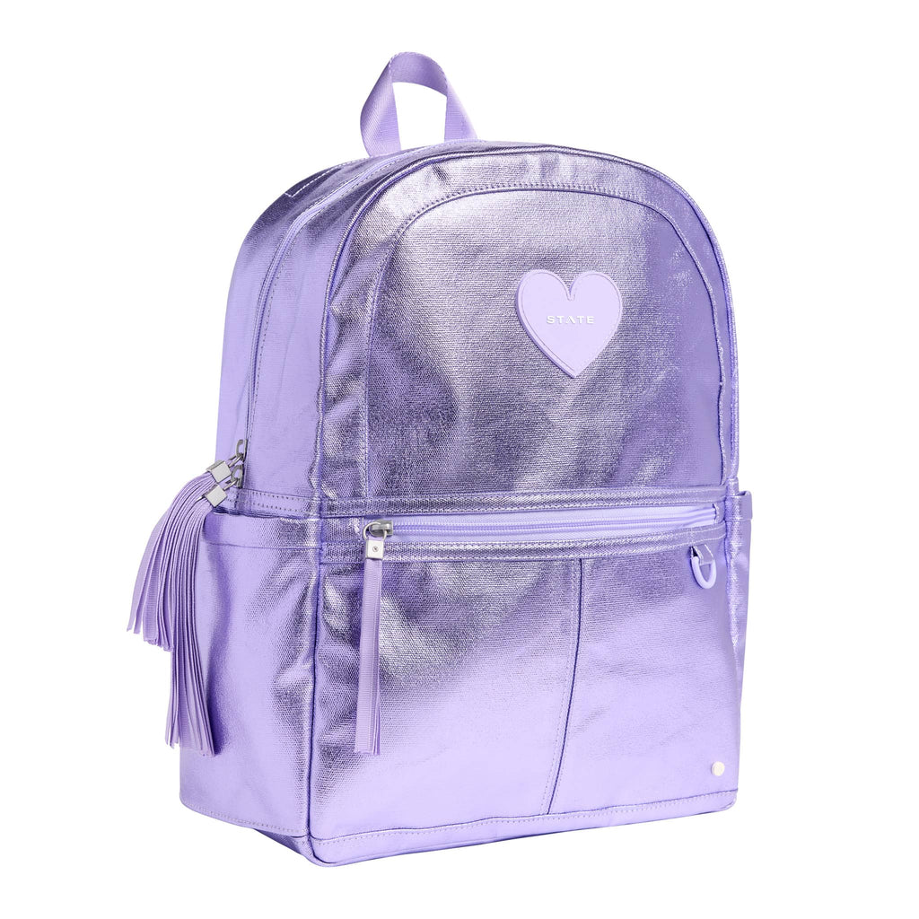 State Bags Kane Kids Travel Backpack in metallic lilac, front angle view.