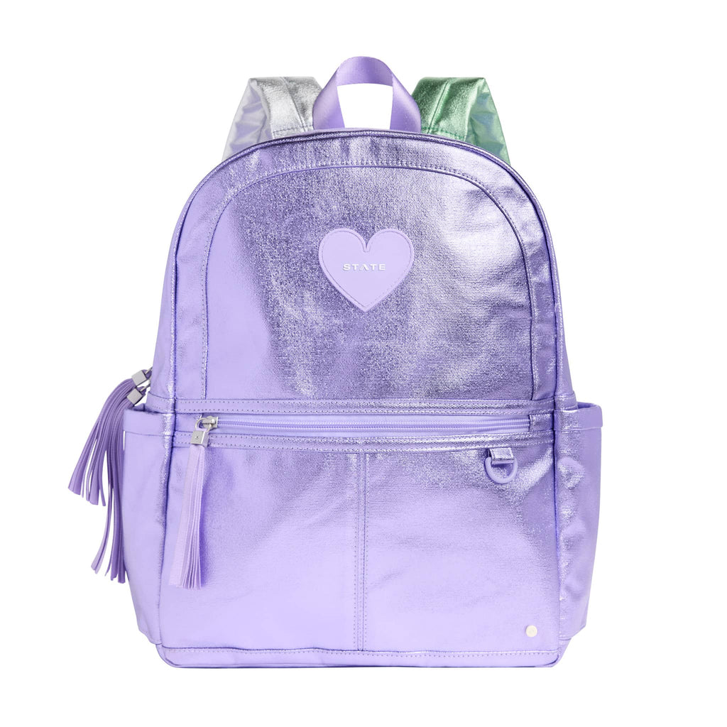 State Bags Kane Kids Travel Backpack in metallic lilac, front view.