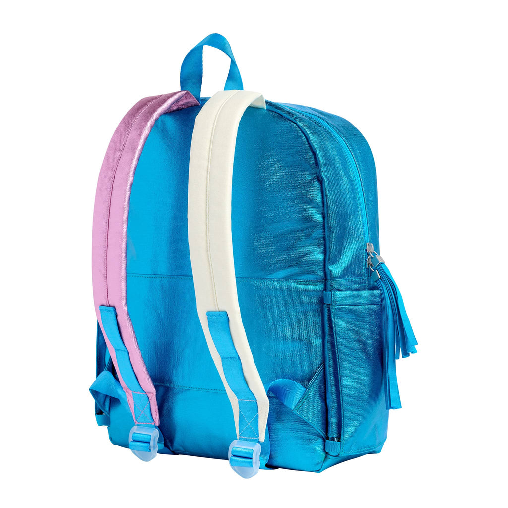 State Bags Kane Kids Travel Backpack in blue metallic, back angle view.