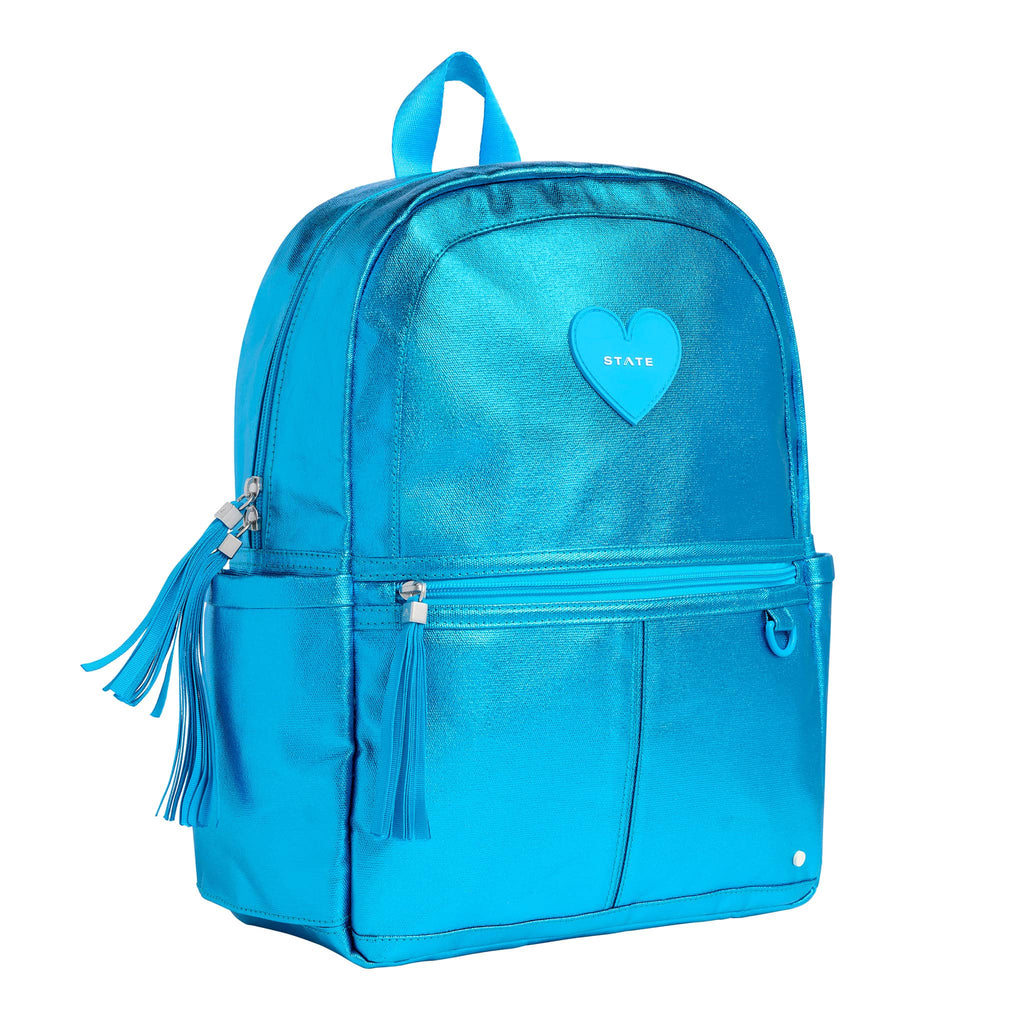 State Bags Kane Kids Travel Backpack in blue metallic, front angle view.