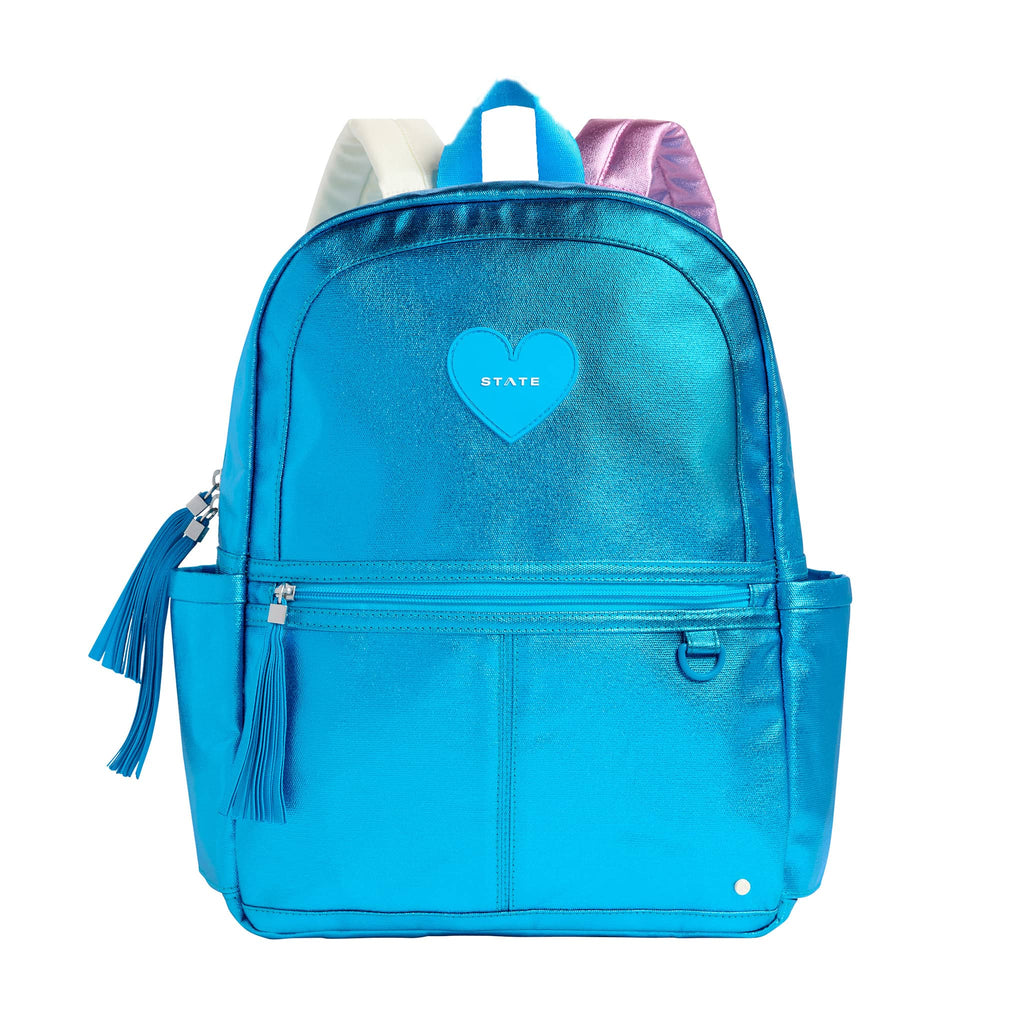 State Bags Kane Kids Travel Backpack in blue metallic, front  view.