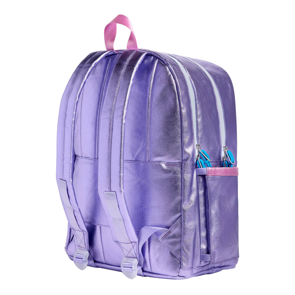 State Bags Kane Kids Double Pocket Backpack in metallic Patchwork, back angle view.