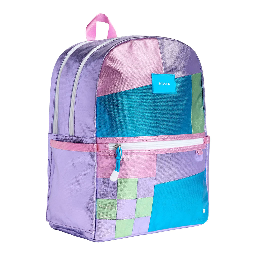 State Bags Kane Kids Double Pocket Backpack in metallic Patchwork, front angle view.
