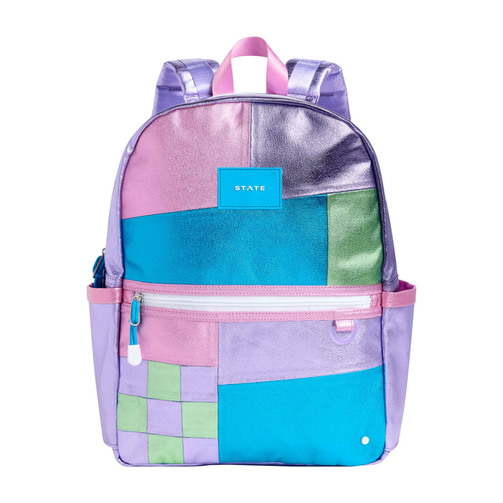 State Bags Kane Kids Double Pocket Backpack in metallic Patchwork, front view.