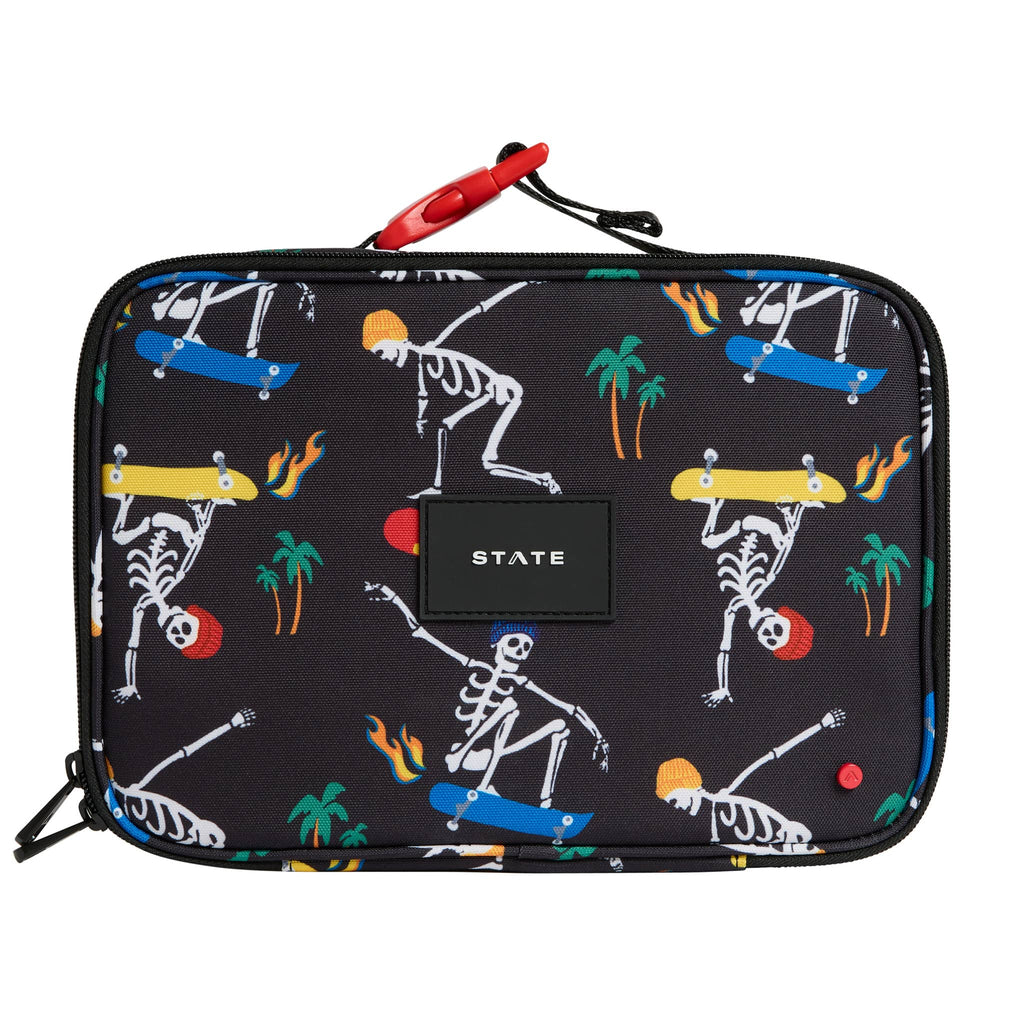 State Bags Rodgers Skeleton Skate black insulated lunch box, front view.