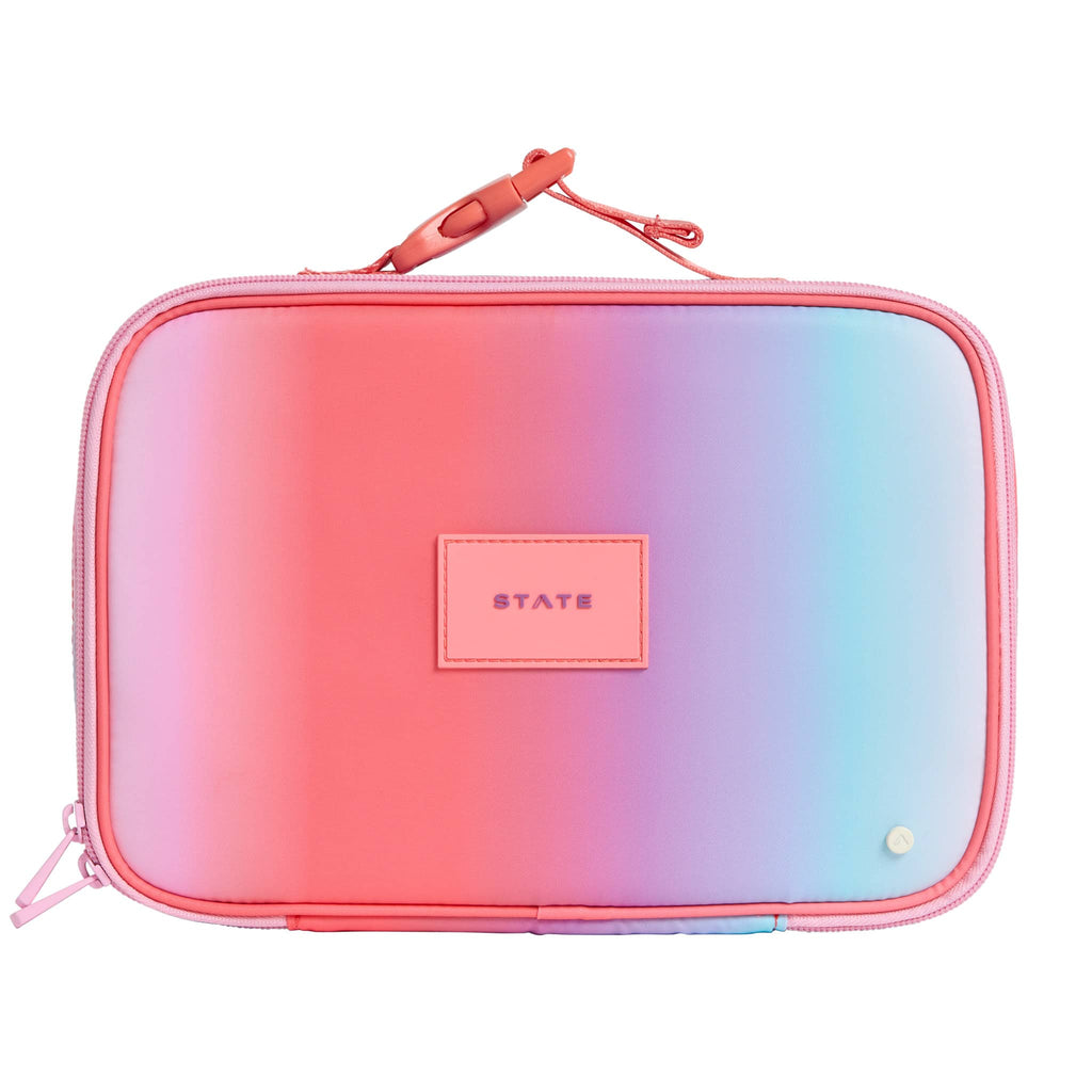State Bags Rodgers sunset gradient insulated lunch box, front view.