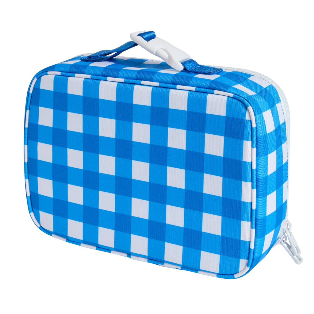 State Bags Rodgers blue and white gingham insulated lunch box, back angle view.