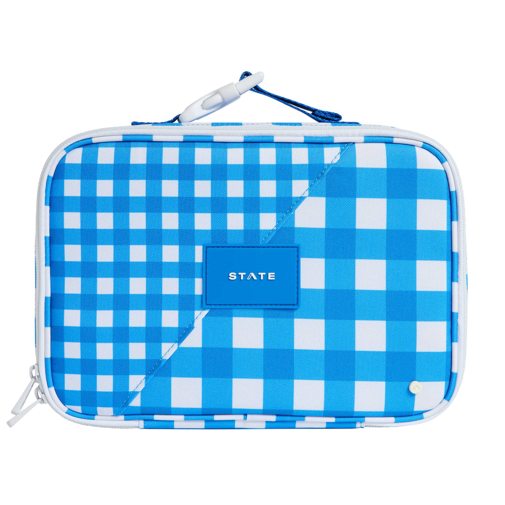 State Bags Rodgers blue and white gingham insulated lunch box, front view.