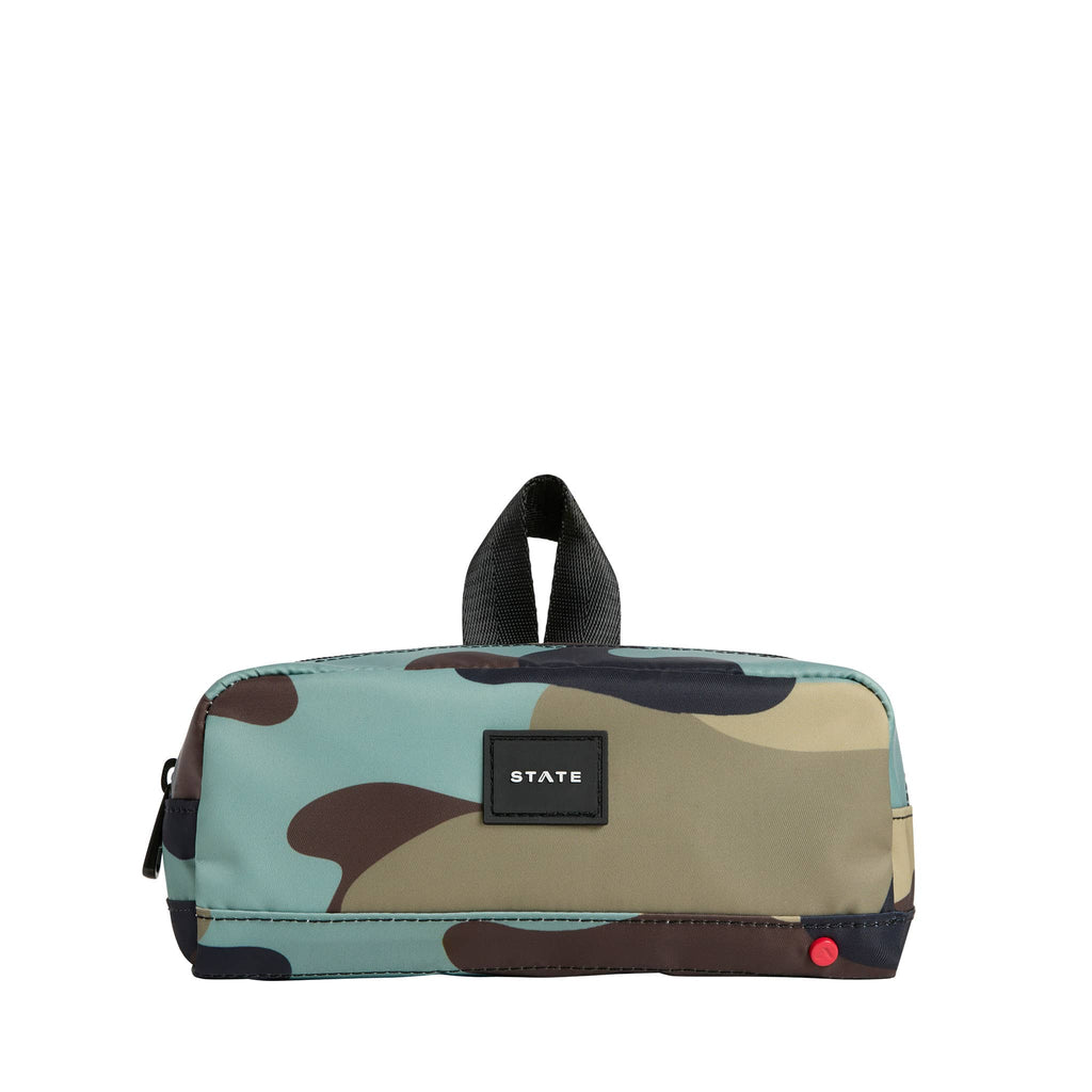 State Bags Clinton camo soft-sided pencil case with loop, front view.