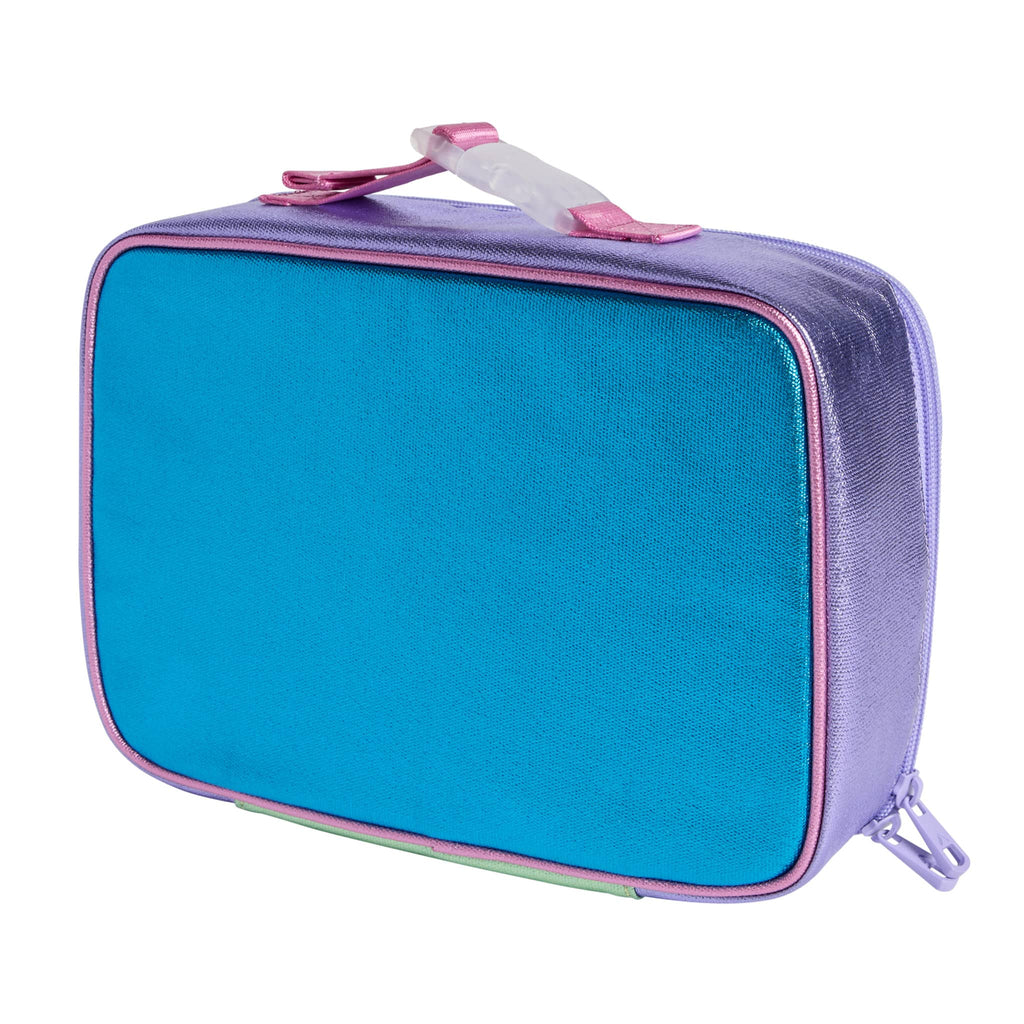 State Bags Rodgers metallic blue and lilac colorblock insulated lunch box, back angle view.