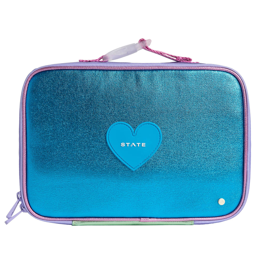State Bags Rodgers metallic blue and lilac colorblock insulated lunch box, front view.