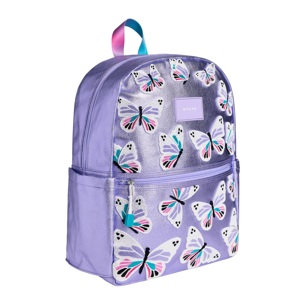 Metallic purple backpack with butterfly pattern, front angle on a white background.