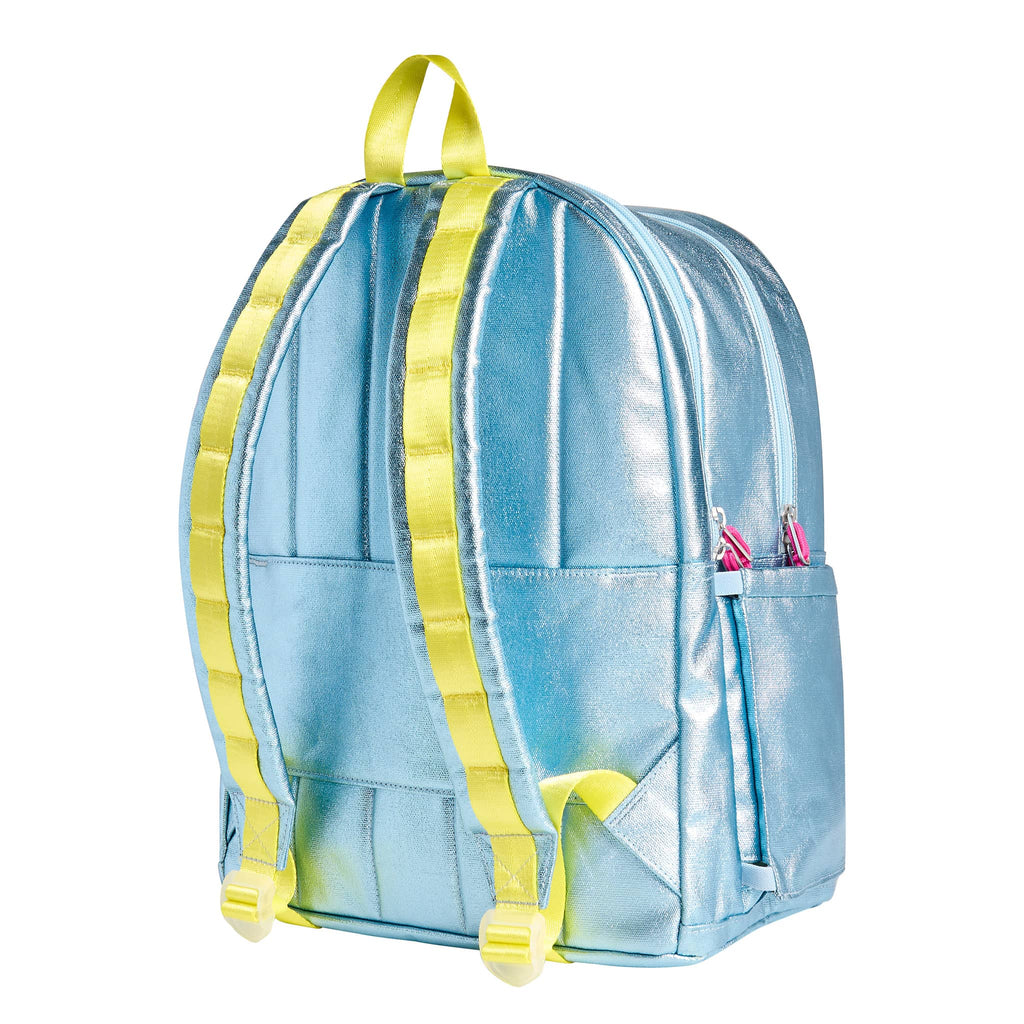 State Bags Kane Kids Double Pocket Backpack in quilted blue metallic Quilted Sequins, back angle view.