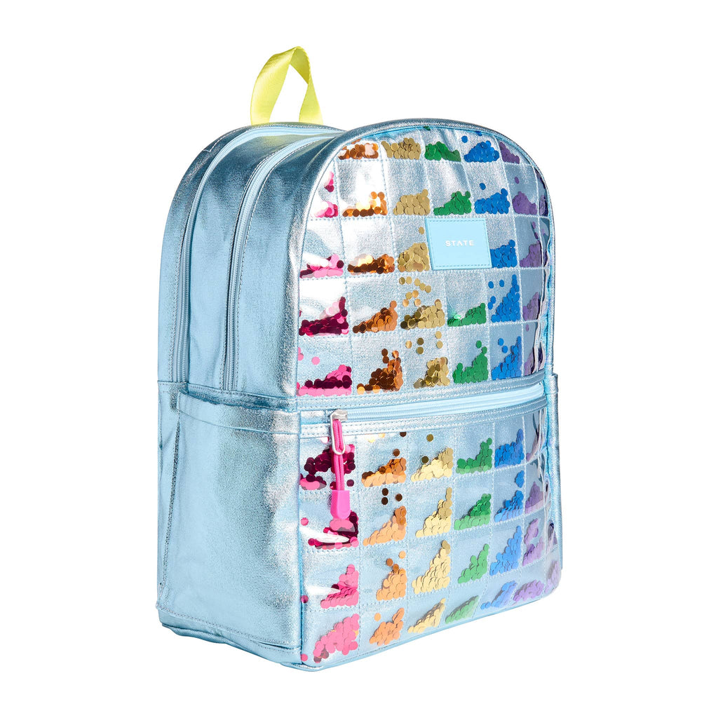 State Bags Kane Kids Double Pocket Backpack in quilted blue metallic Quilted Sequins, front angle view.