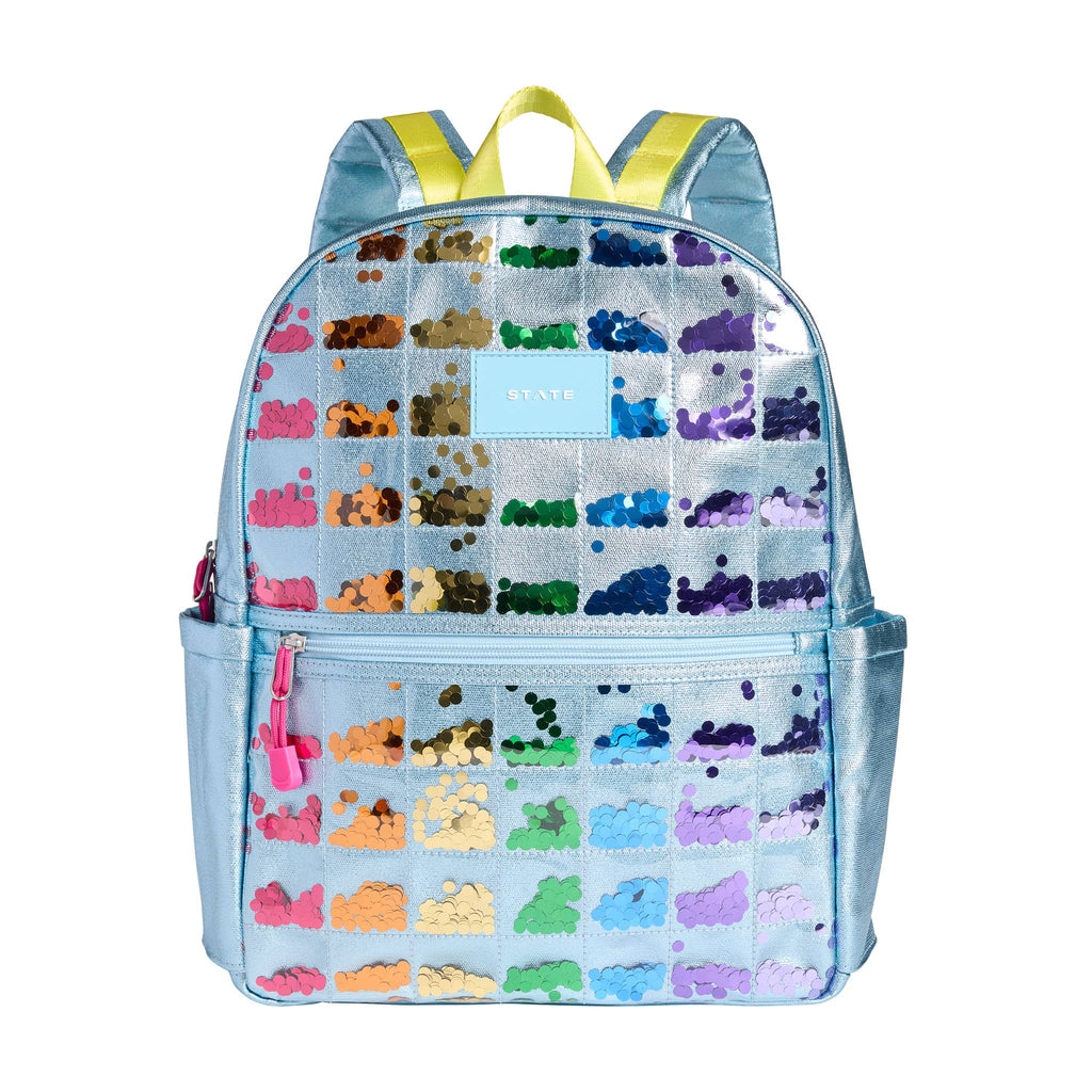 State Bags Kane Kids Double Pocket Backpack in quilted blue metallic Quilted Sequins, front view.