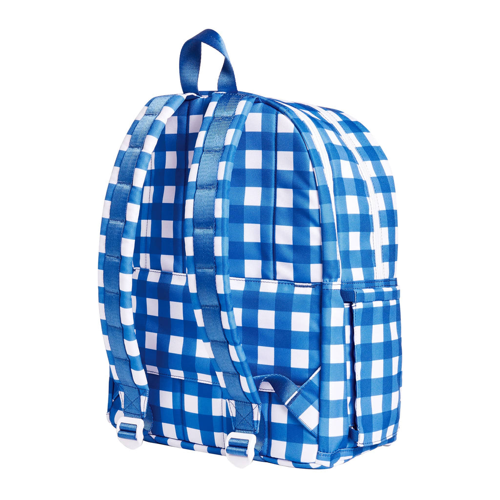 State Bags Kane Kids Double Pocket Backpack in Blue Gingham, back angle view.