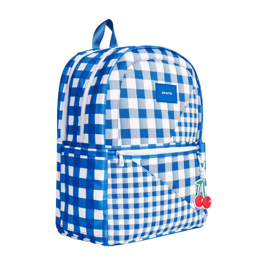 State Bags Kane Kids Double Pocket Backpack in Blue Gingham, front angle view.
