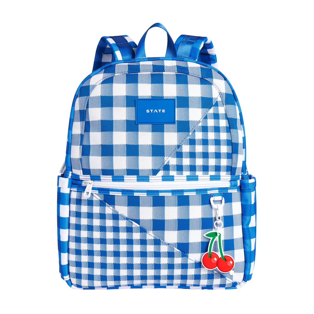 State Bags Kane Kids Double Pocket Backpack in Blue Gingham, front view.