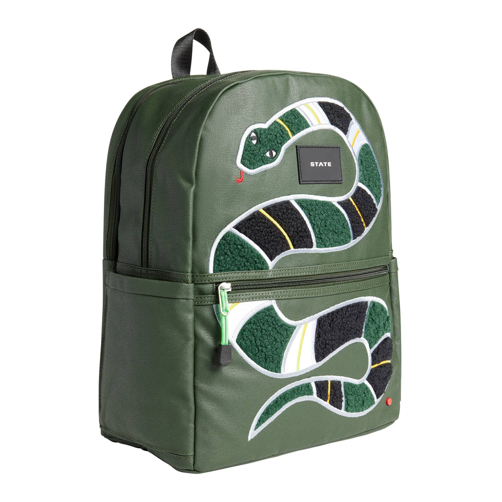 State Bags Kane Kids Double Pocket Backpack in Fuzzy Snake, front angle view.