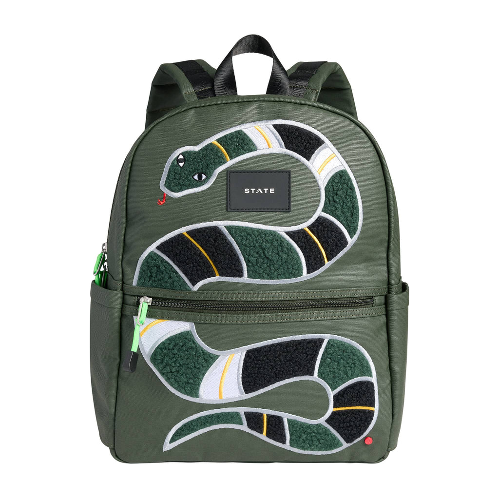 State Bags Kane Kids Double Pocket Backpack in Fuzzy Snake, front view.
