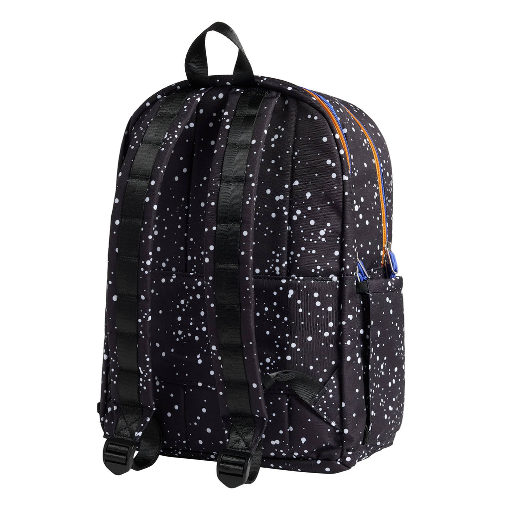 State Bags Kane Kids Double Pocket Backpack in black Speckled, back angle view.
