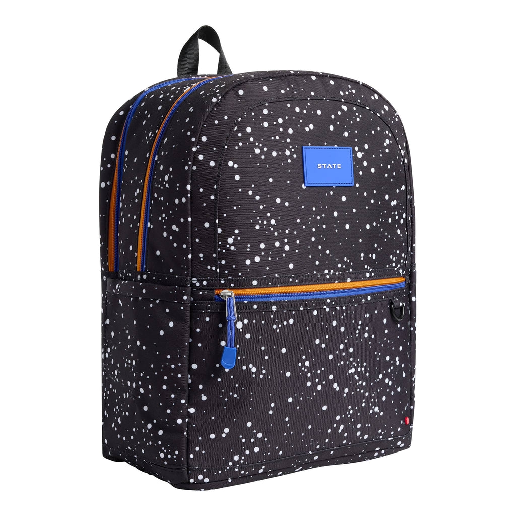 State Bags Kane Kids Double Pocket Backpack in black Speckled, front angle view.