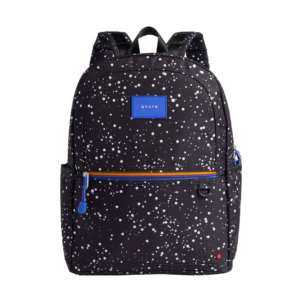 State Bags Kane Kids Double Pocket Backpack in black Speckled, front view.
