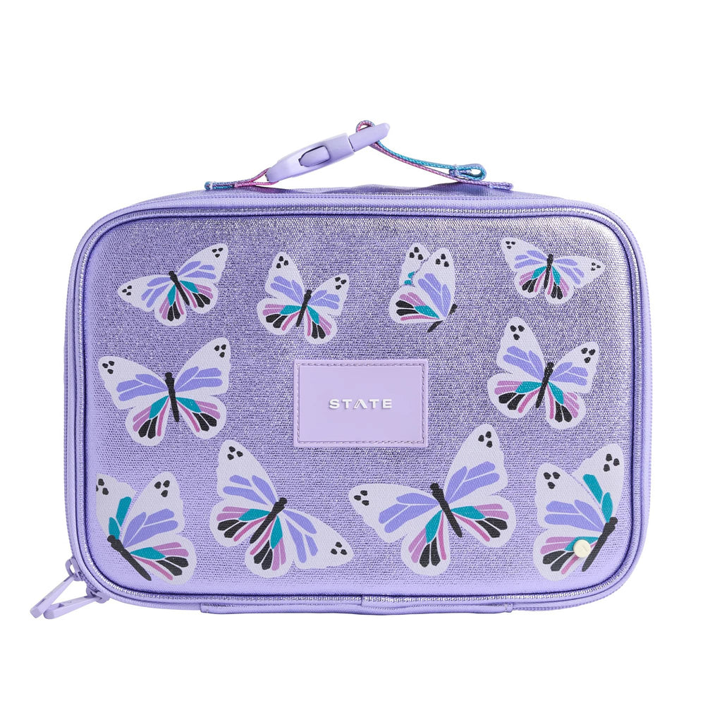State Bags Rodgers purple metallic butterfly lunch box, front view.